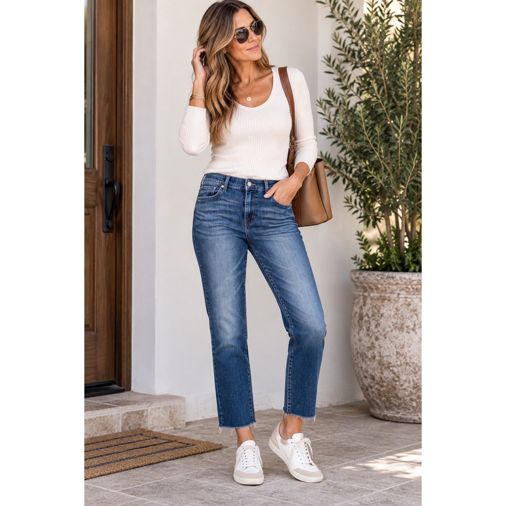 White House Black Market Mid Rise Girlfriend Jeans Everyday Soft Blue 8 Raw Hem